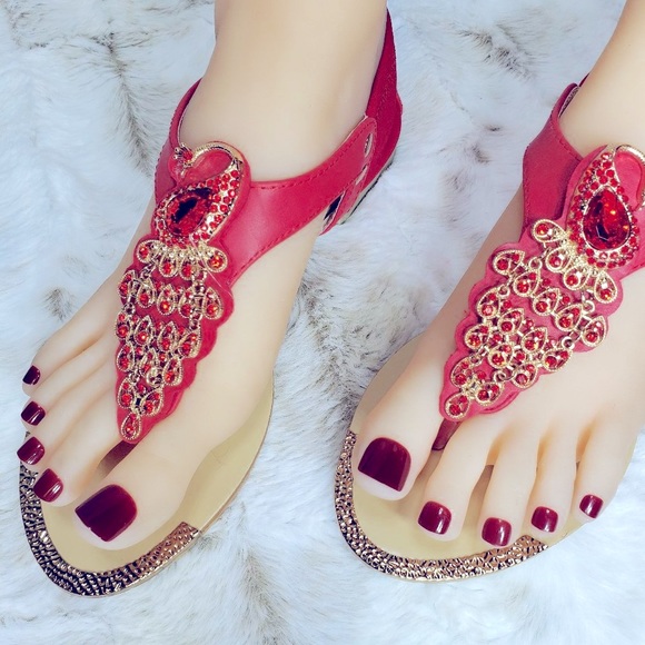 Red Rhinestone Peacock Toe Strap Sandals - Picture 3 of 15